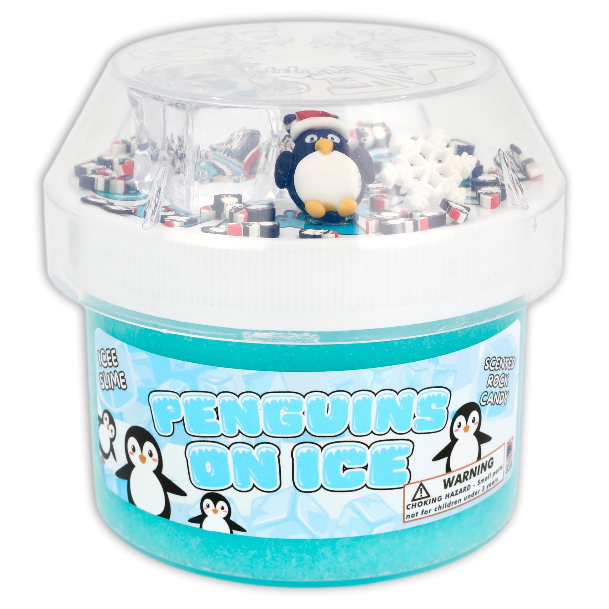 Ice slime tub with blue penguin label and clear top filled with glittery bits