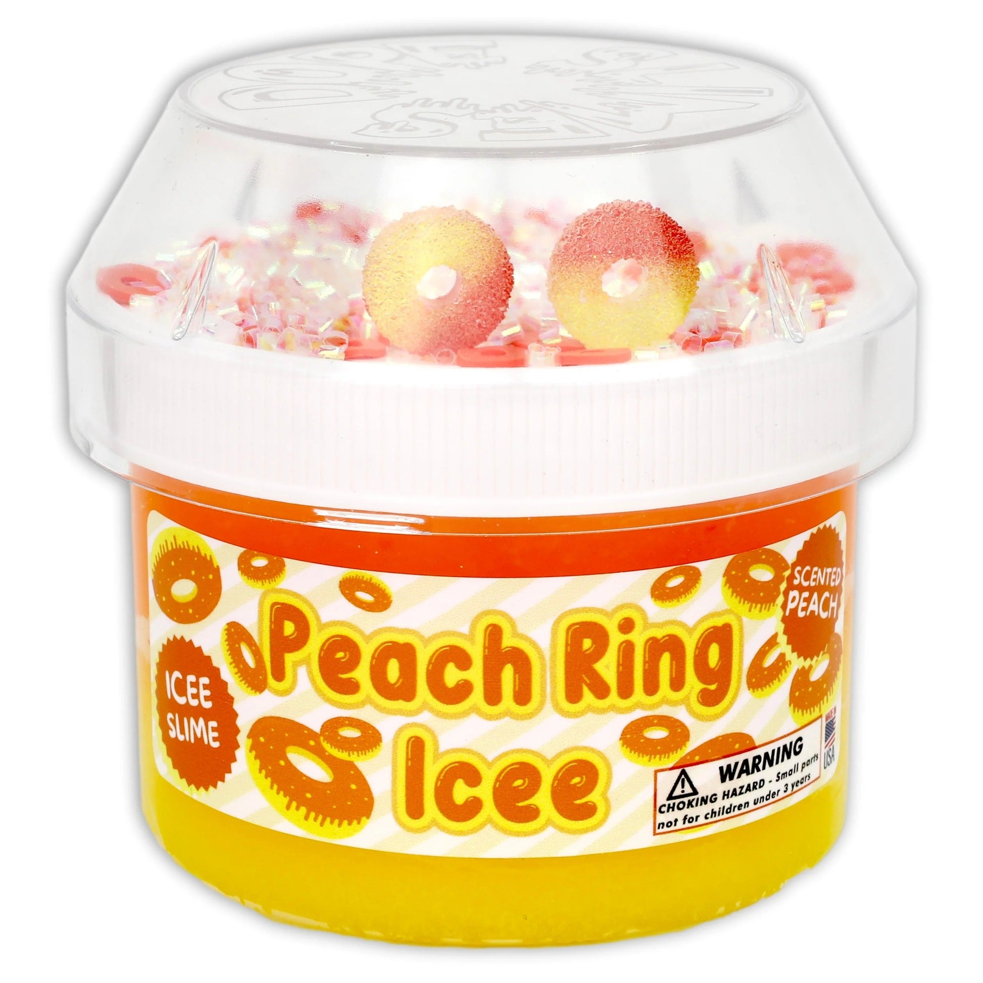 Peach icee slime jar with clear lid and visible slime beads and sprinkles
