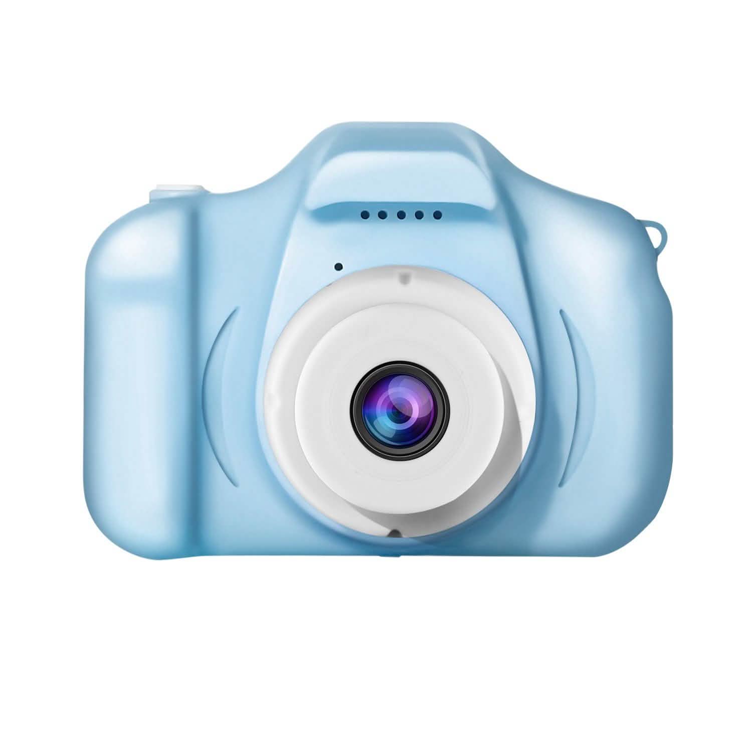 Kids digital camera, blue, front view with circular lens and speaker grille on top
