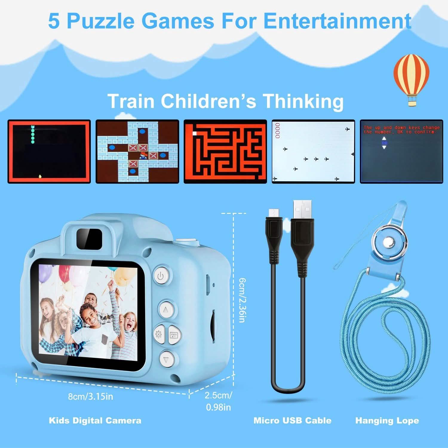 Light blue kids digital camera with screen visible, plus example accessory layout