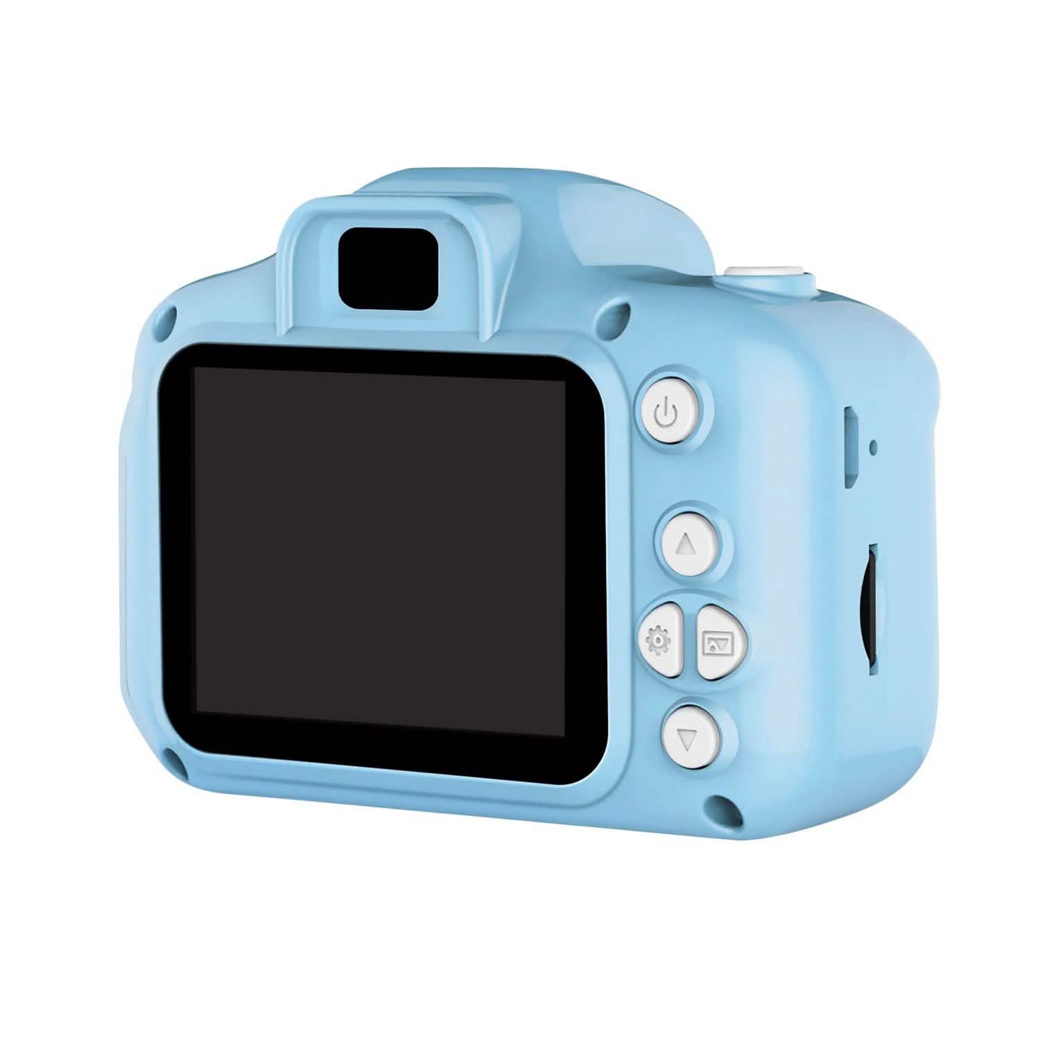 Kids digital camera, blue, rear view with dark LCD screen and round navigation buttons