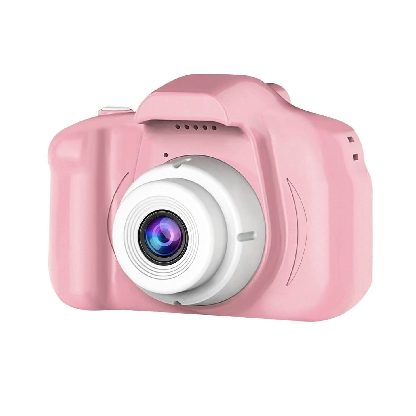 Kids digital camera, pink, angled view showing circular lens and side button details