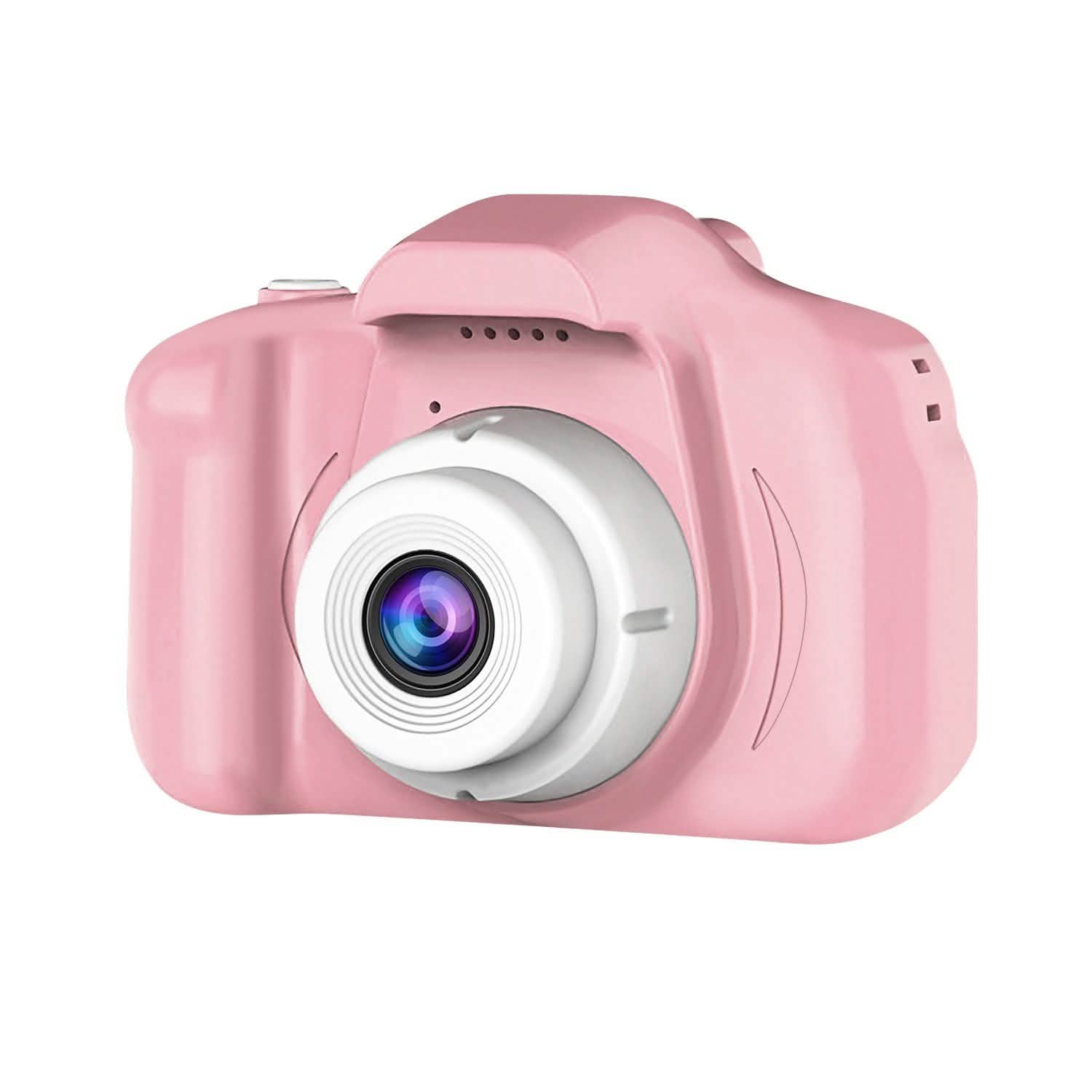 Kids digital camera, pink, angled view showing circular lens and side button details