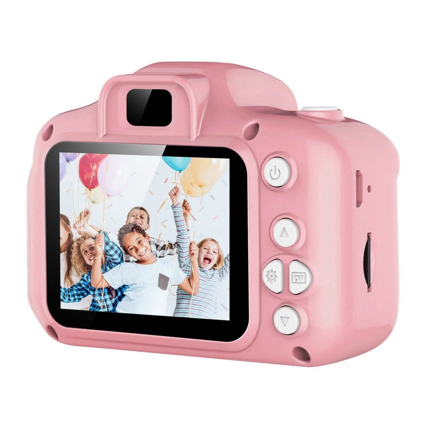Kids digital camera, pink, rear view with LCD screen and control buttons