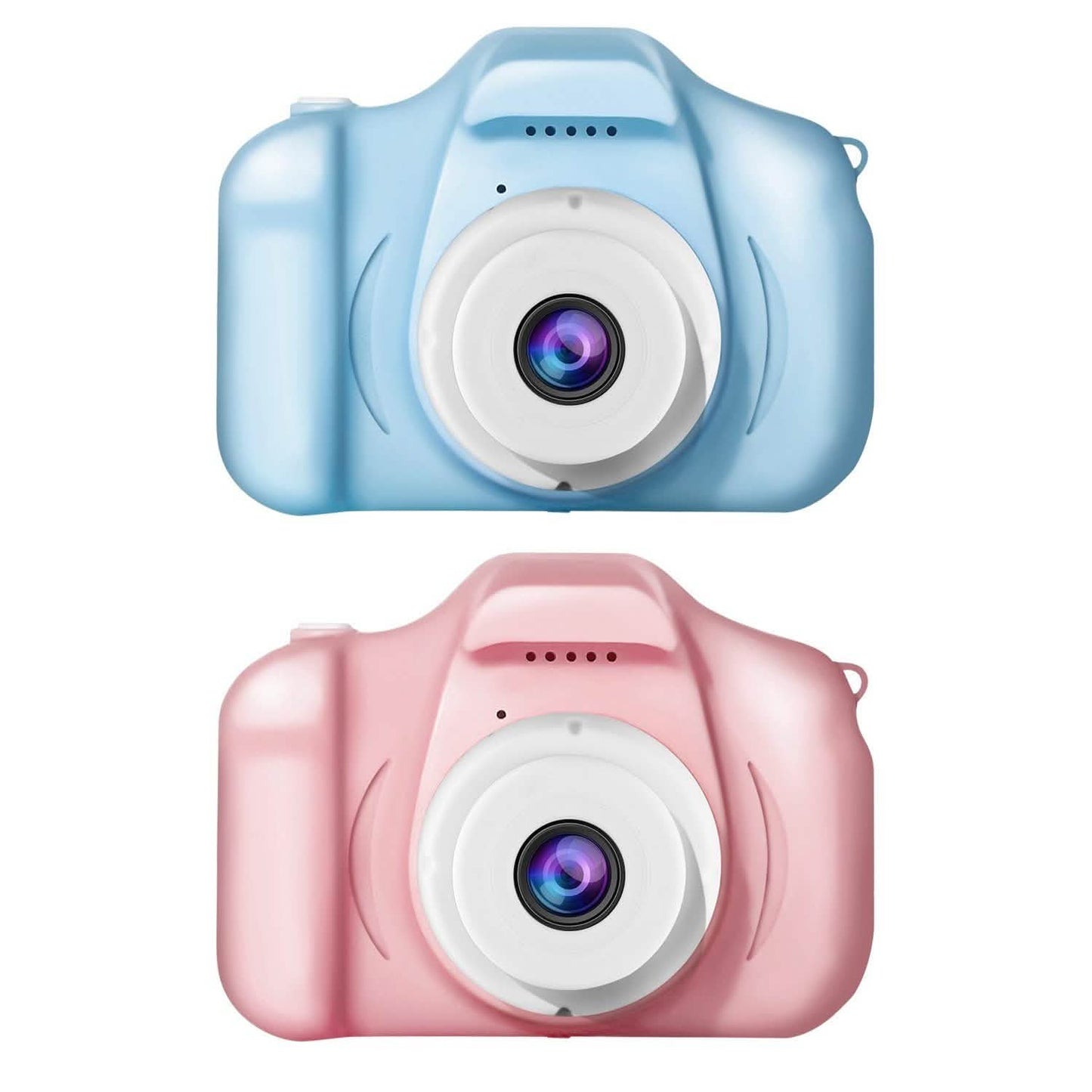 Kids digital camera, blue, front view with large circular lens and protective body