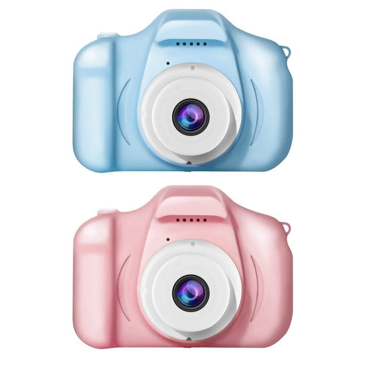 Kids digital camera, blue, front view with large circular lens and protective body