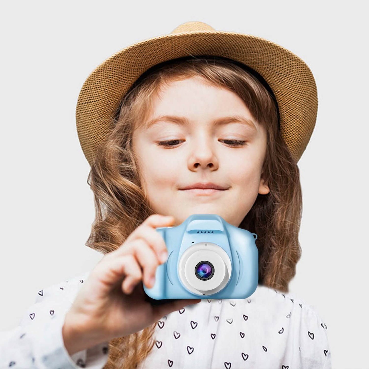 Blue kids digital camera with front lens and view panel