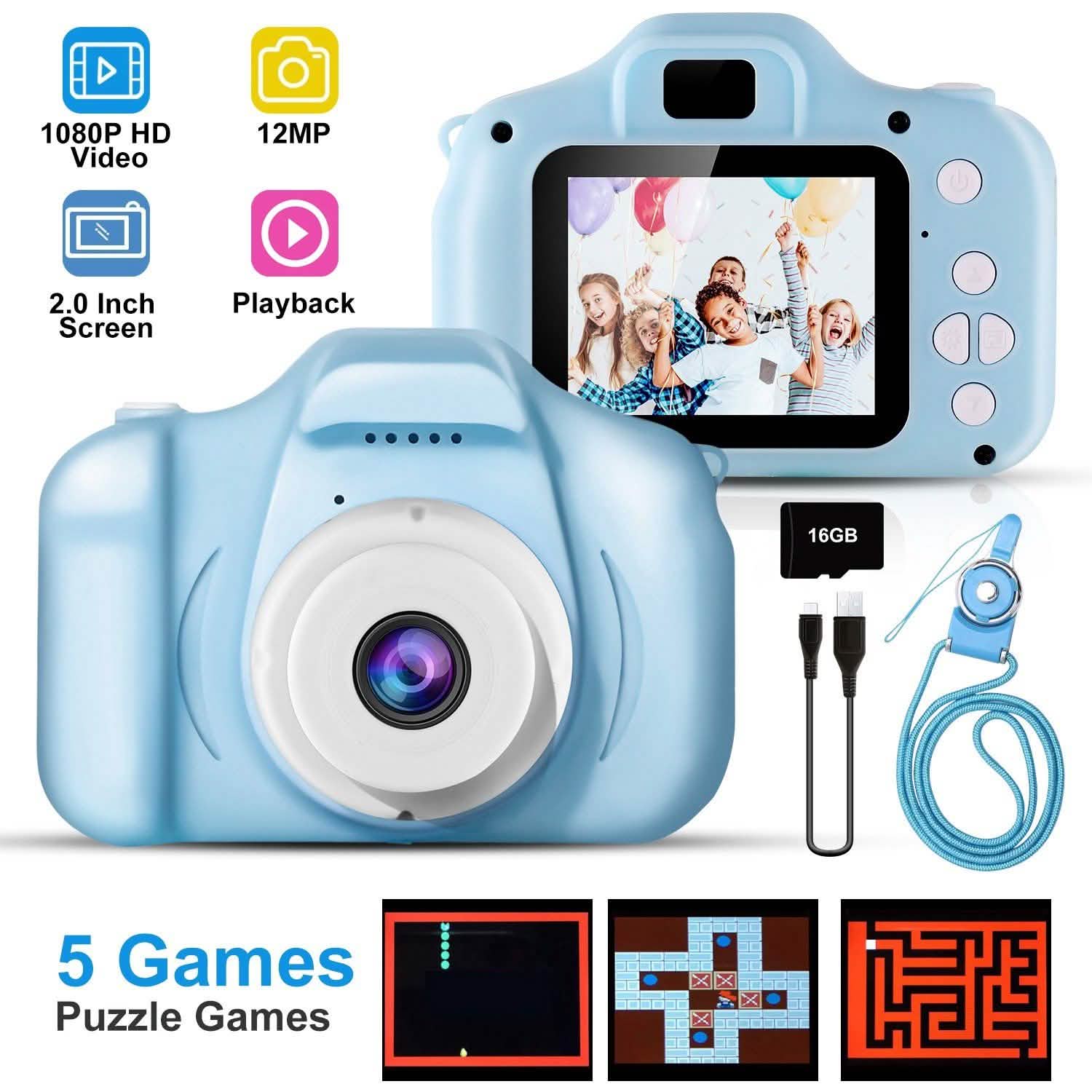 Light blue kids digital camera front and back views with connected accessories