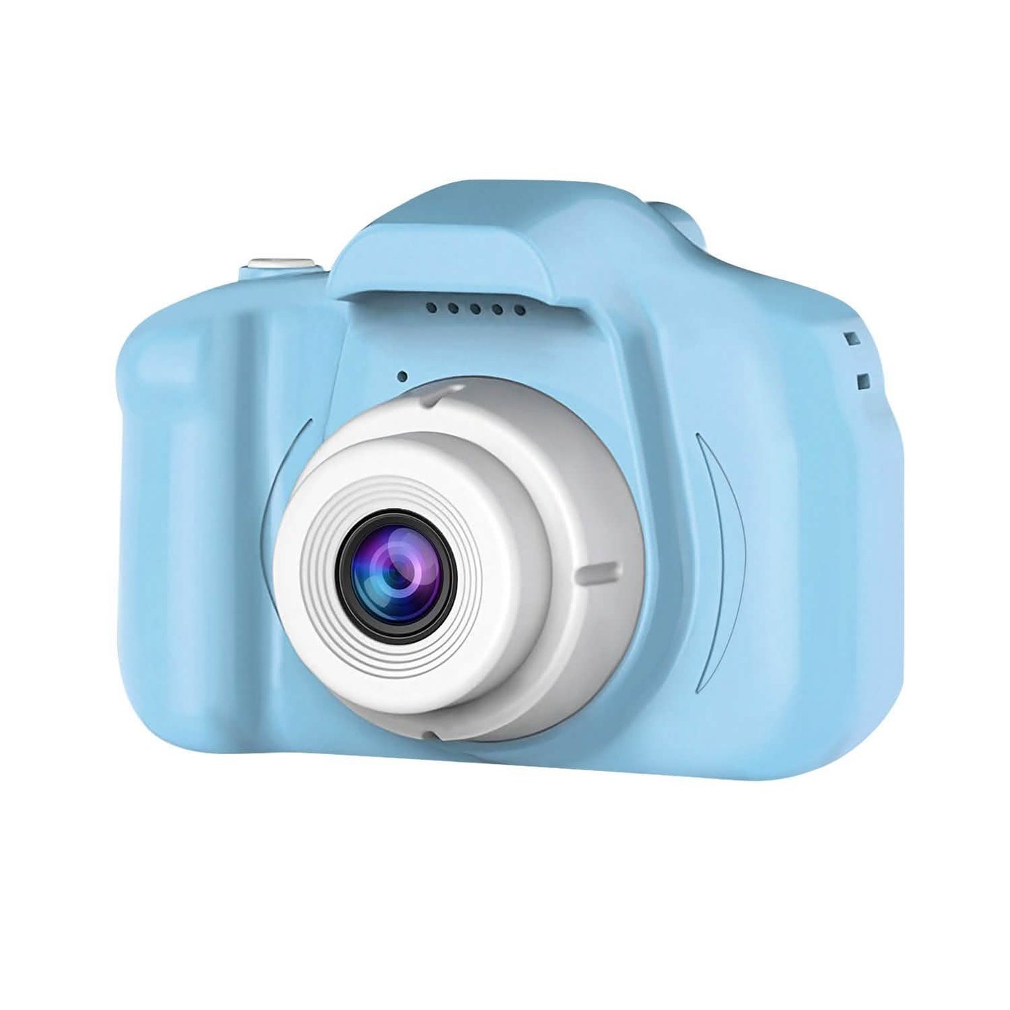 Kids digital camera, blue, angled view with circular lens and side panel features