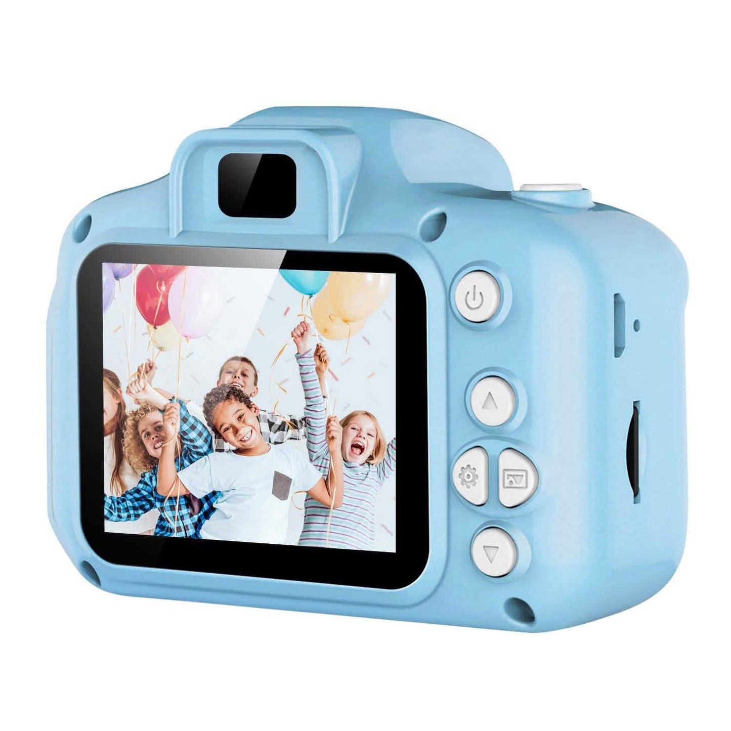 Kids digital camera, blue, rear view with LCD screen showing a photo preview