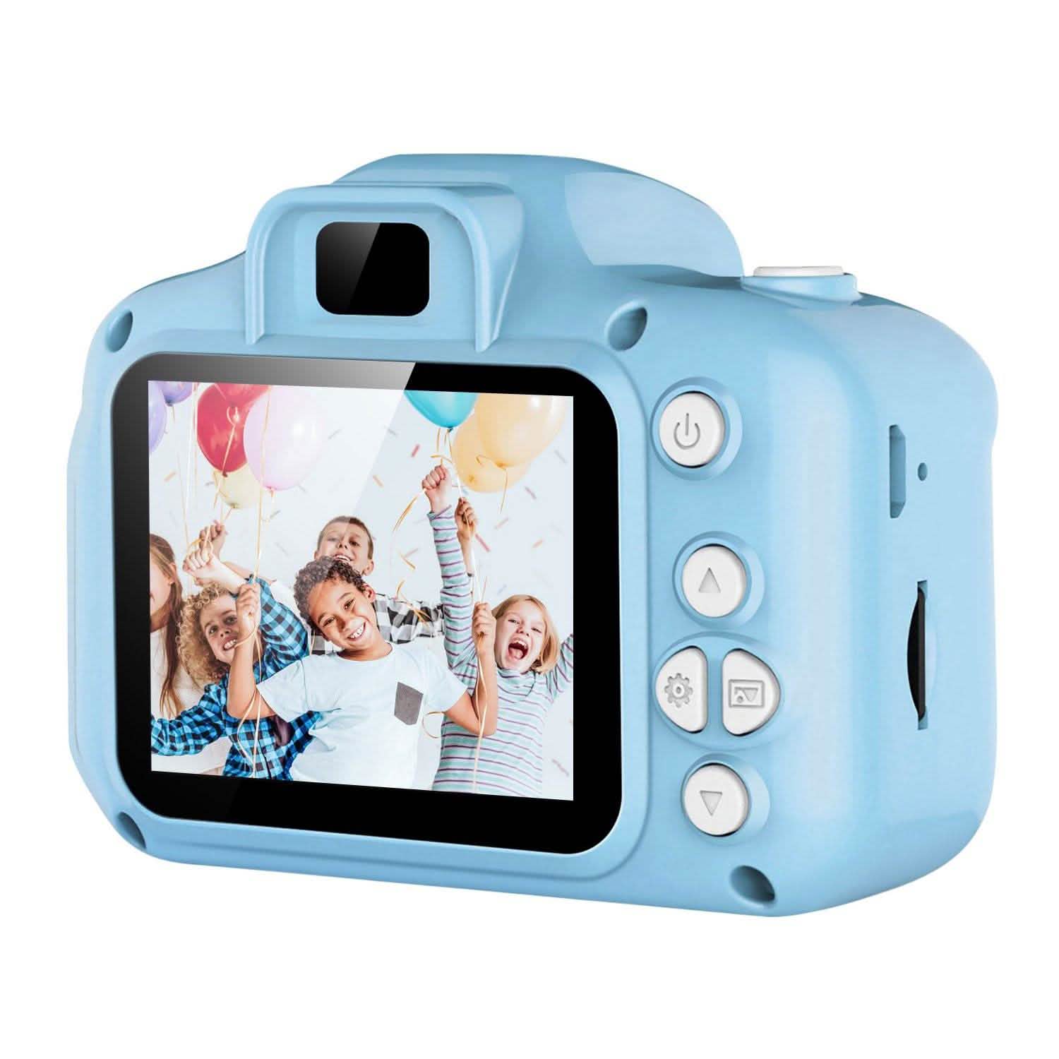 Kids digital camera, blue, rear view with LCD screen showing a photo preview