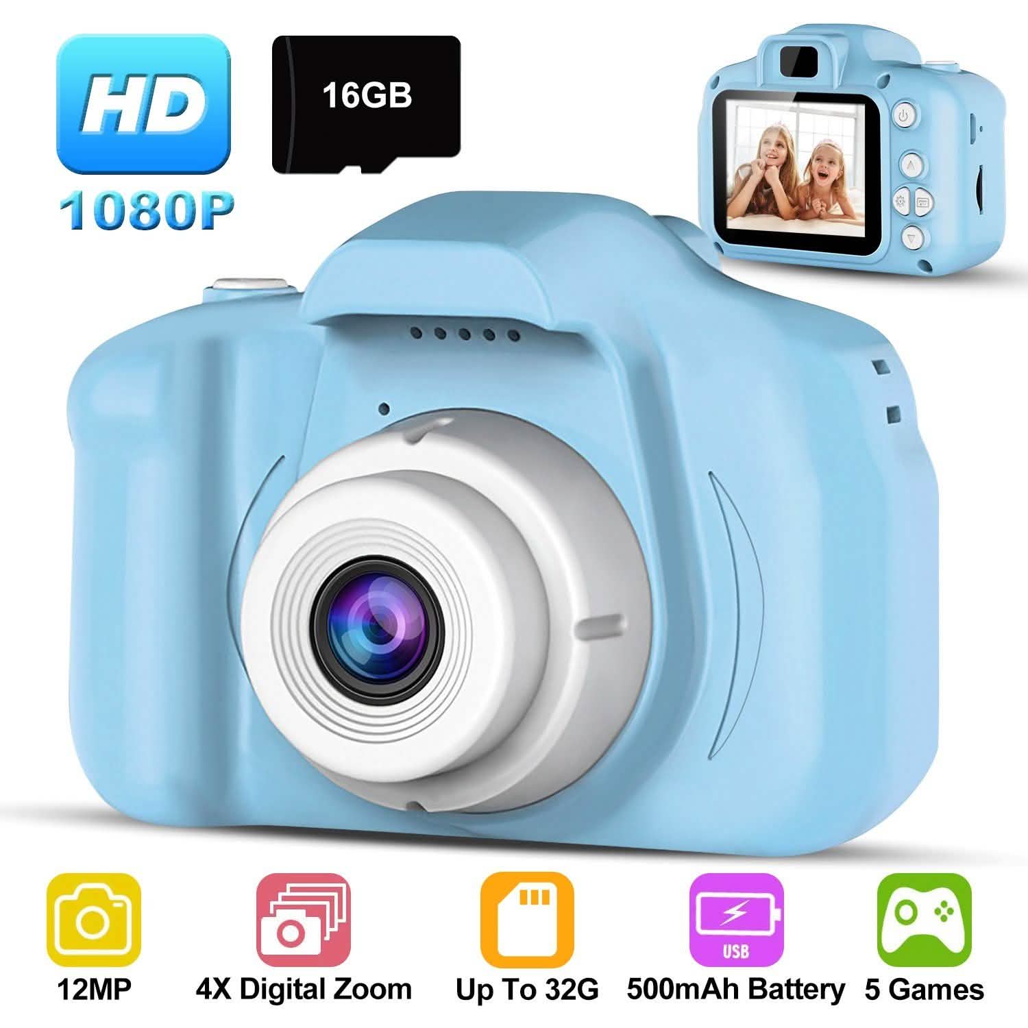 Light blue kids digital camera front view with lens and display screen