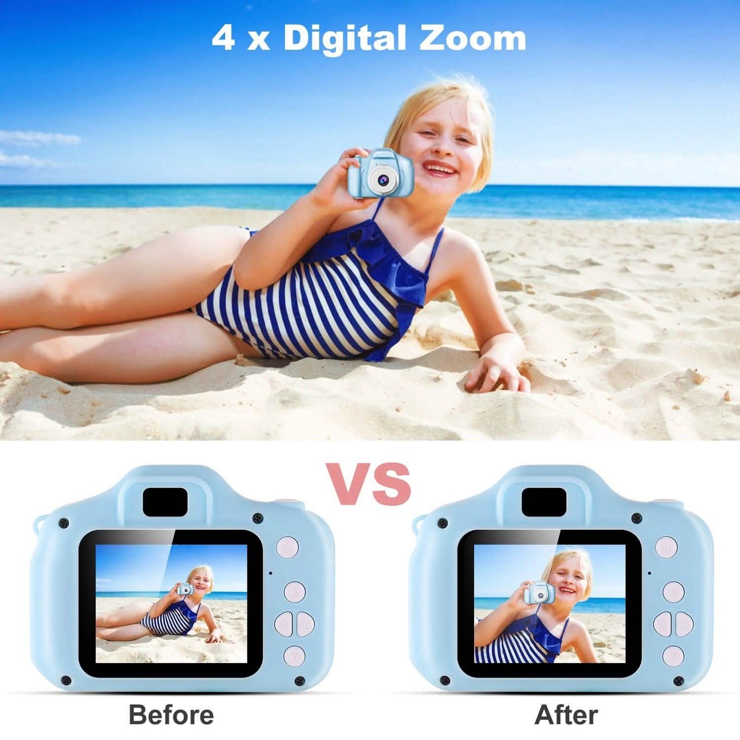 Light blue kids digital camera shown being held, with large front display screen