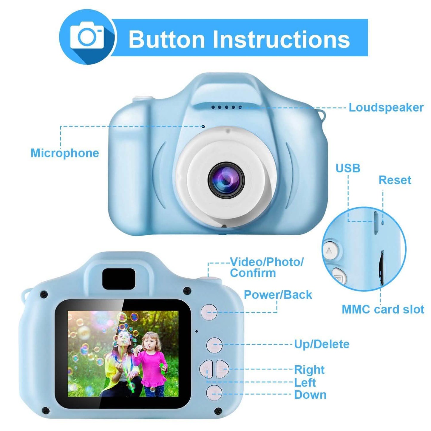 Kids digital camera, blue, button-instruction layout with arrows and labeled controls