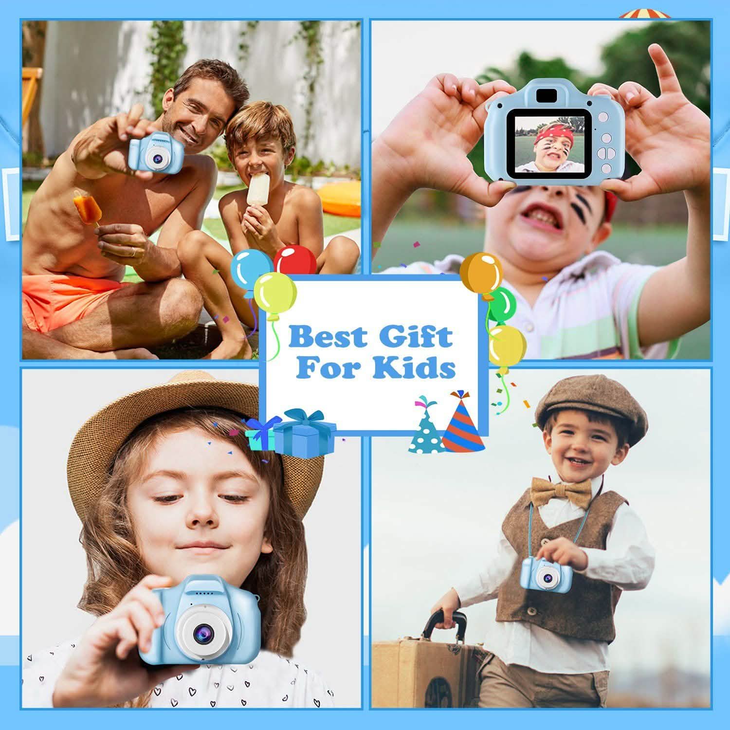 Light blue kids digital camera with child holding it, plus close-up view in collage