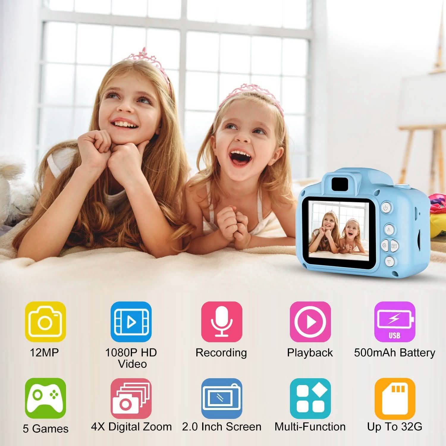 Light blue kids digital camera held by two children, with front screen facing outward