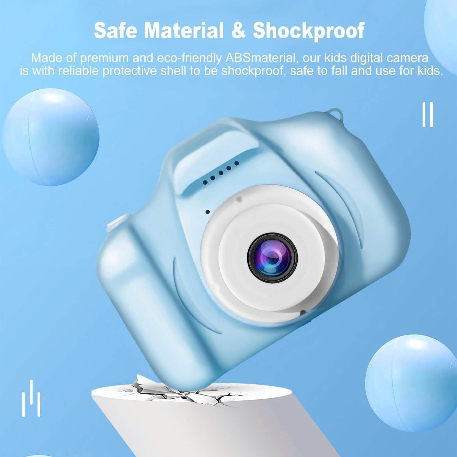Kids digital camera, blue, close-up of circular lens and rounded shockproof body