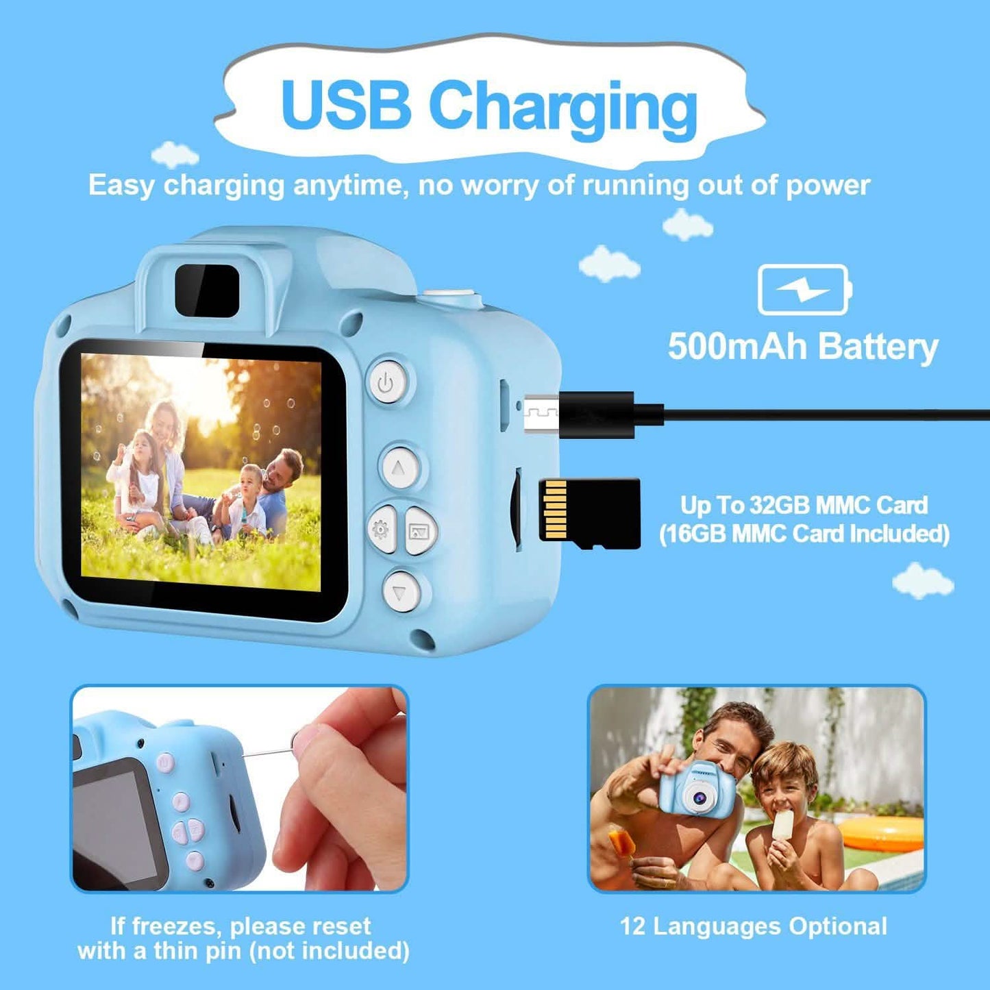 Light blue kids digital camera with screen, lens, buttons, and grip handle