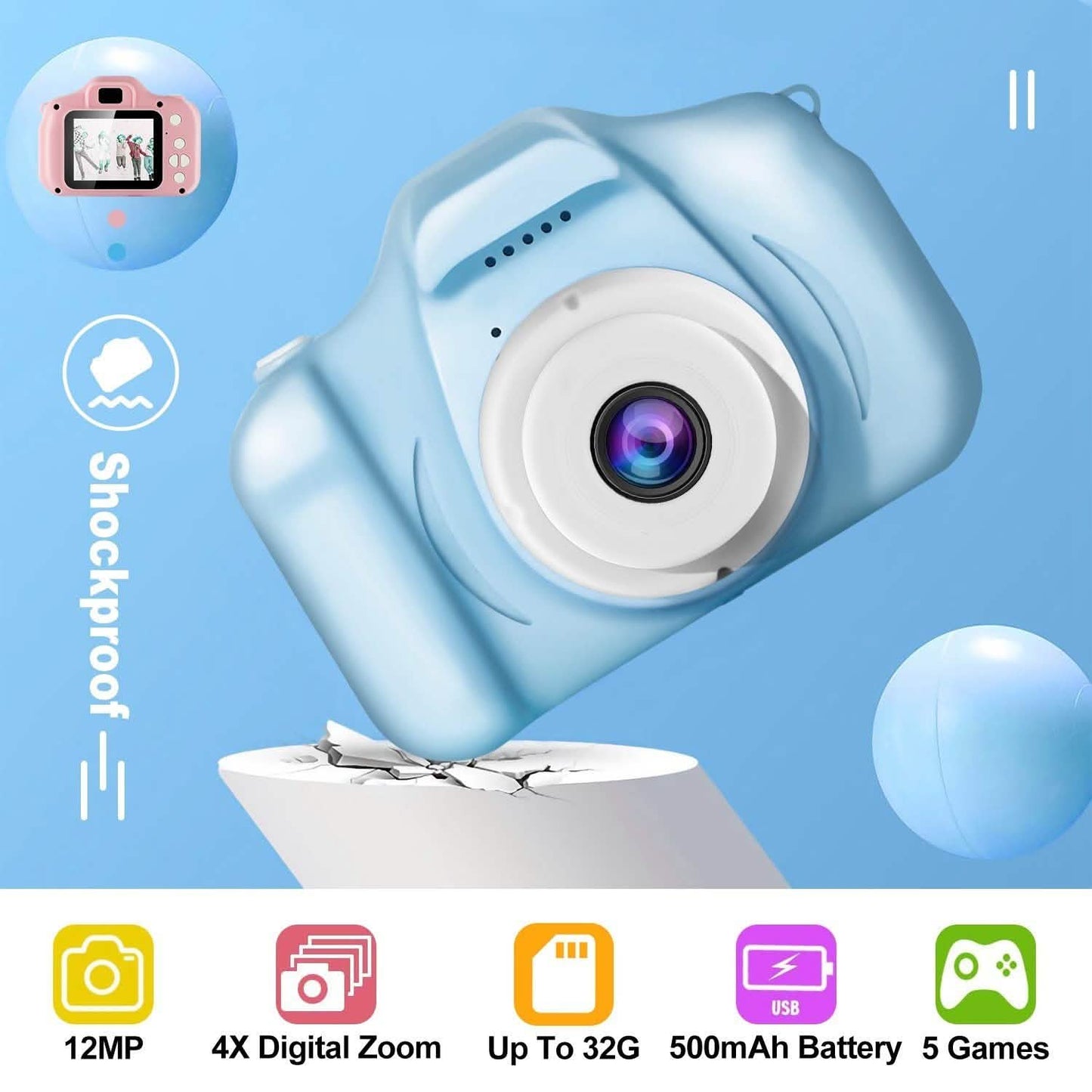 Light blue kids digital camera close-up showing lens and front button controls