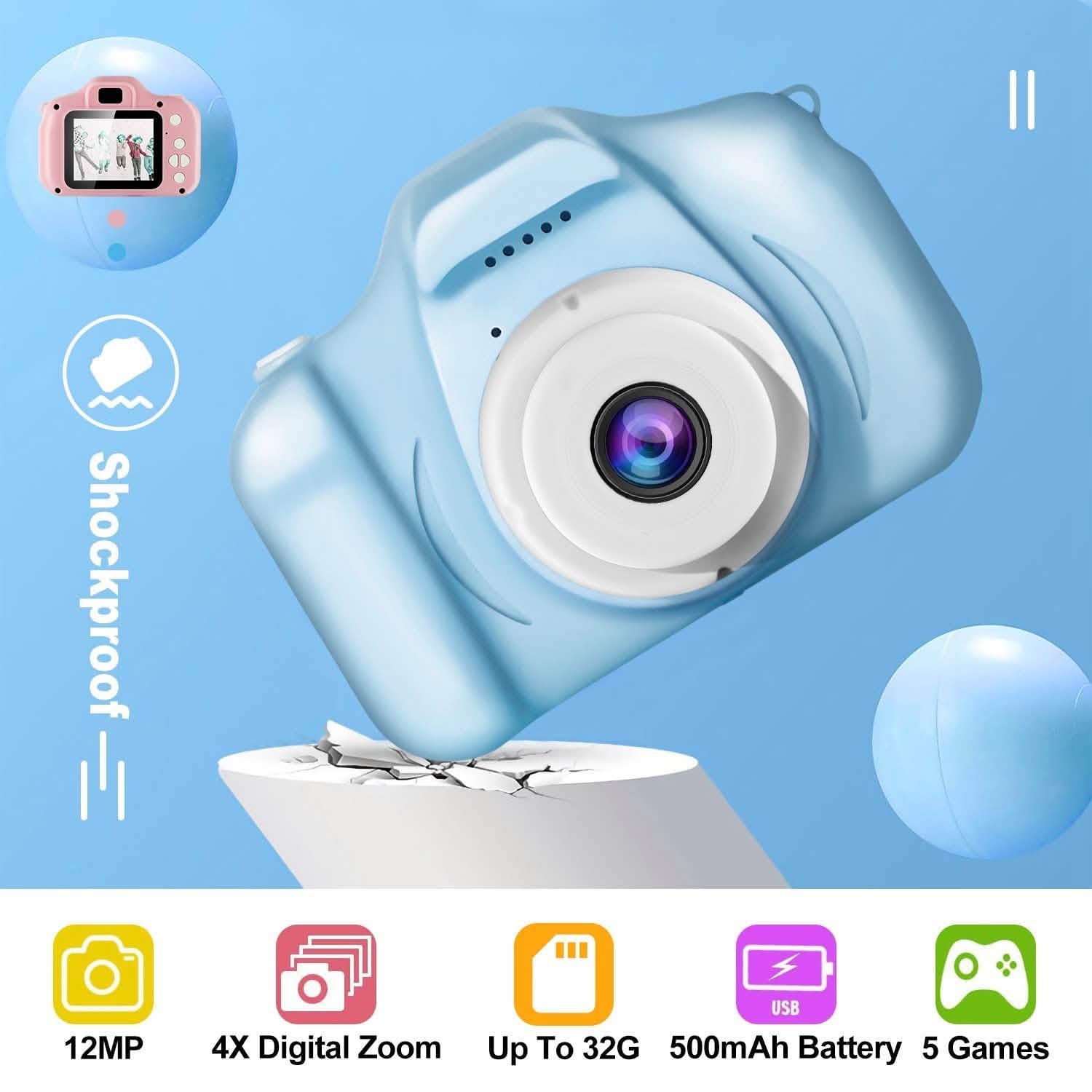 Light blue kids digital camera close-up showing lens and front button controls