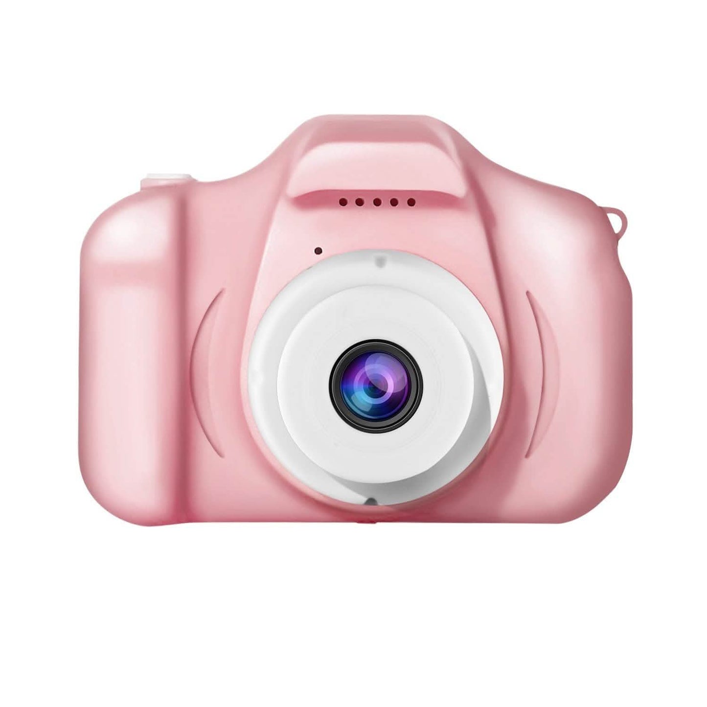 Kids digital camera, pink, front view with large circular lens and protective body