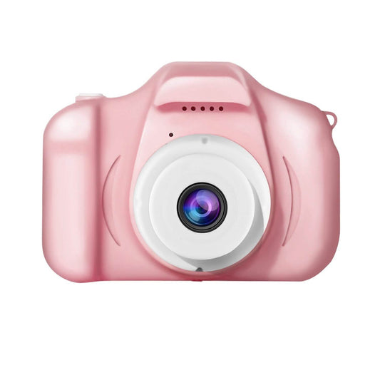 Kids digital camera, pink, front view with large circular lens and protective body
