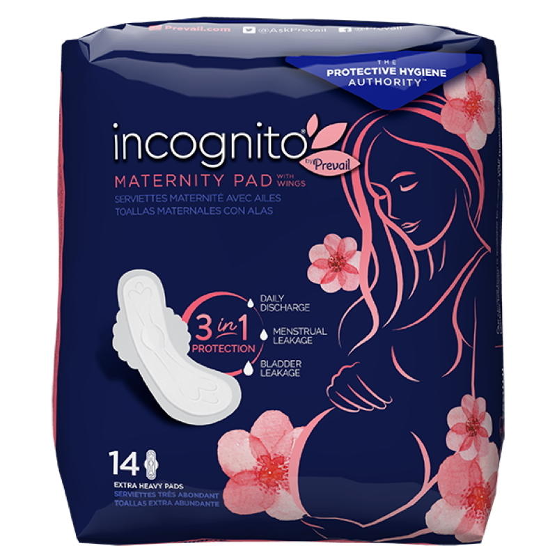 Incognito maternity pads pack, 14 count, winged pads in protective navy package.