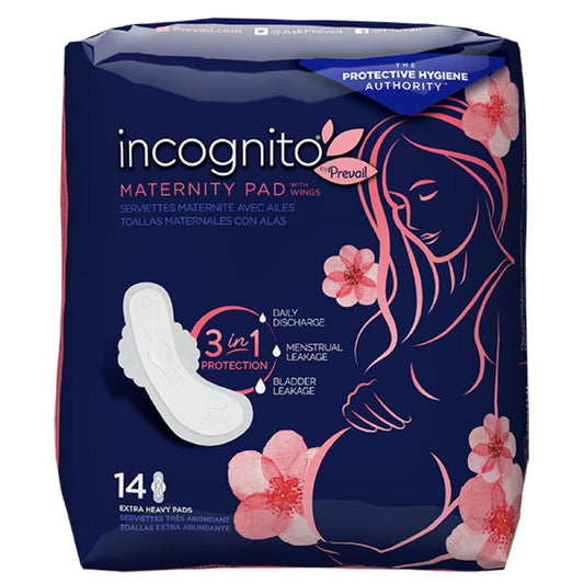 Incognito maternity pads pack, 14 count, winged pads in protective navy package.
