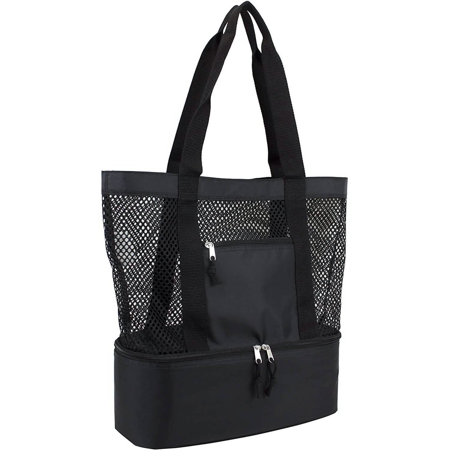 Black insulated beach cooler tote with mesh side panels, front pocket, and zip top.