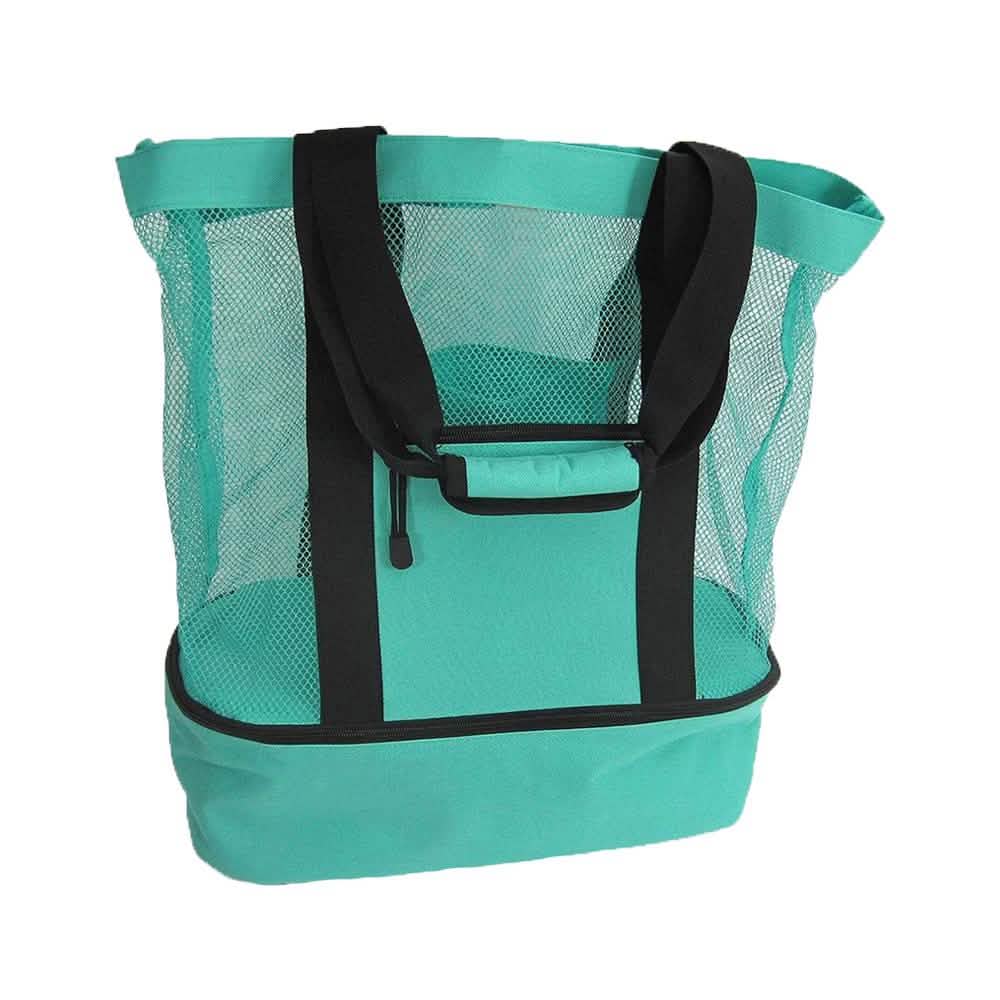Teal insulated cooler beach bag front view with black straps and mesh side panels