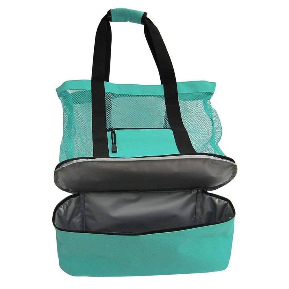 Teal insulated cooler beach bag open top with black interior lining and gray base panel