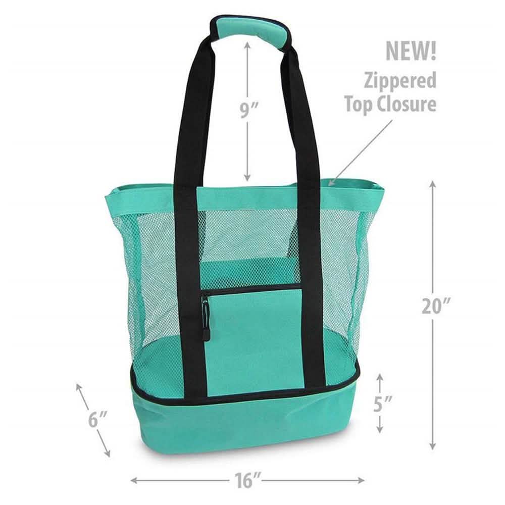 Teal insulated cooler beach bag with black handles and front panel, with size markings