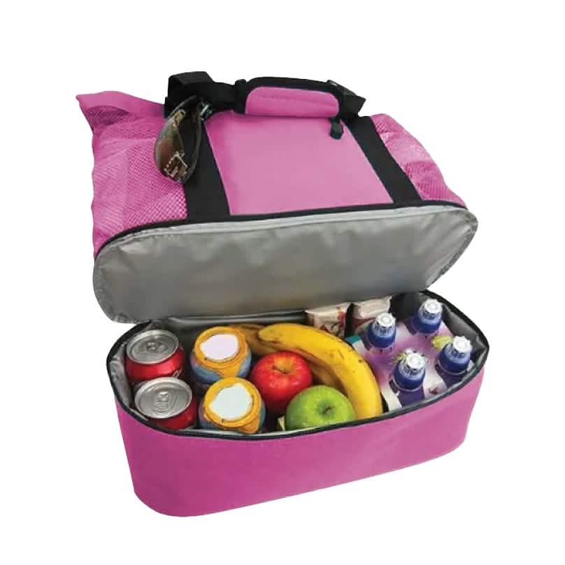 Pink insulated cooler beach bag open, showing fruit, cans, and bottles inside
