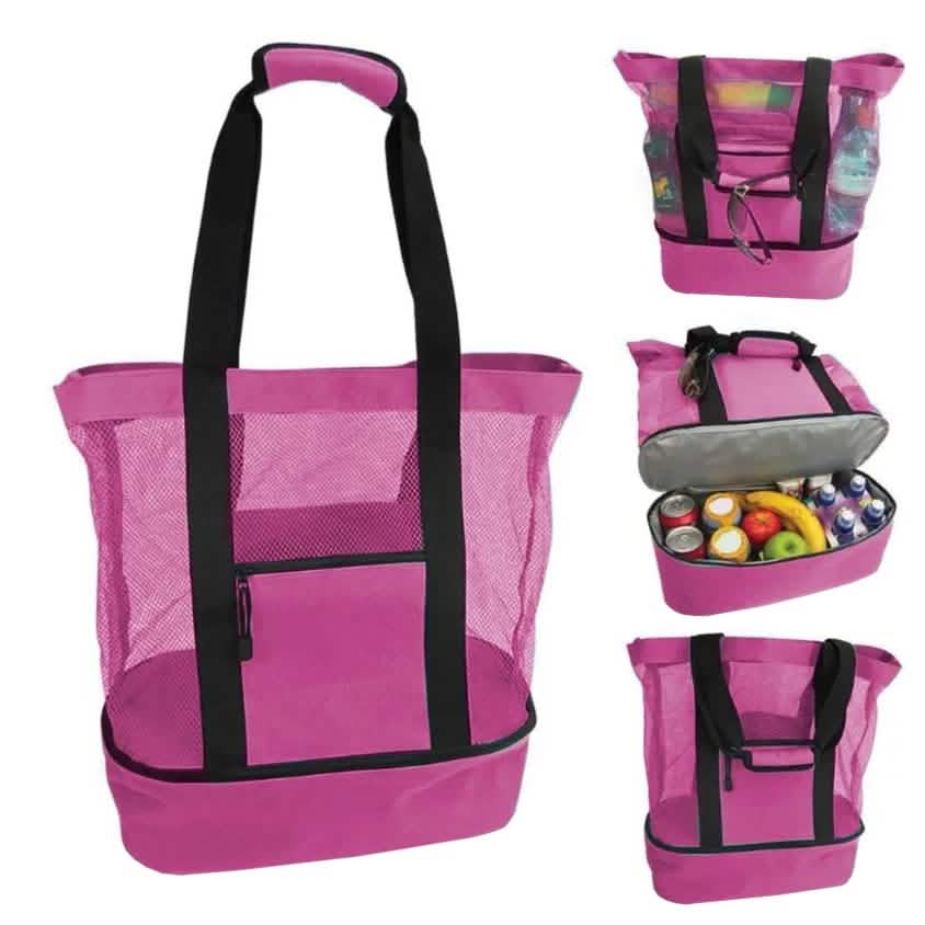 Pink insulated cooler beach bag with black handles and mesh sides, shown from multiple angles