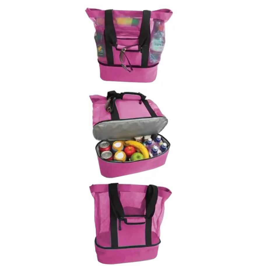 Pink insulated cooler beach bag with black handles and open top showing interior lining