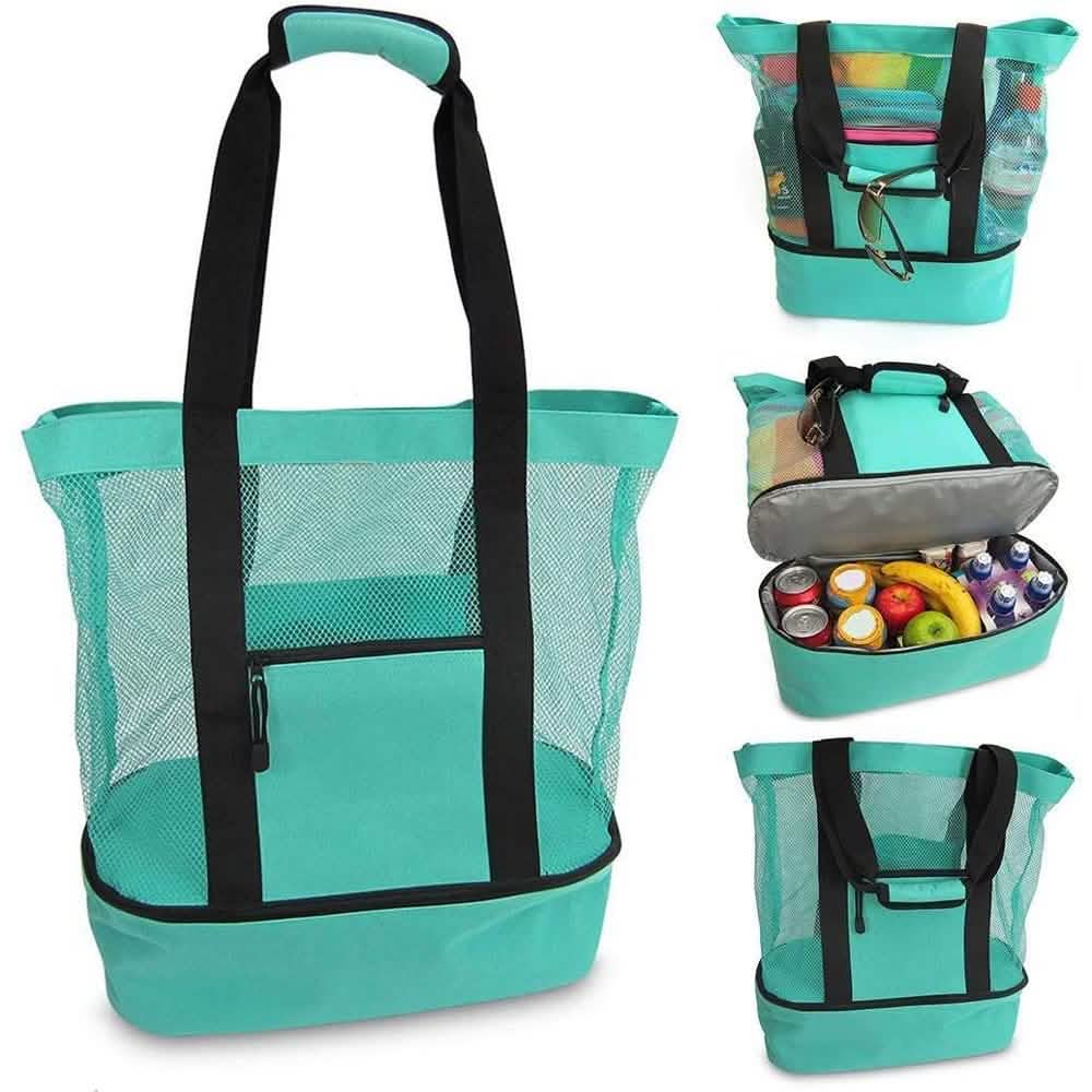 Teal insulated cooler beach bag with black handles, mesh sides, and front zip pocket