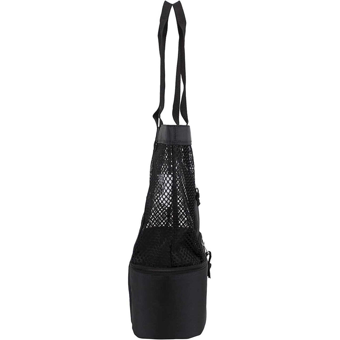 Black insulated beach cooler bag with carry handles, mesh body, and front zipper pocket.