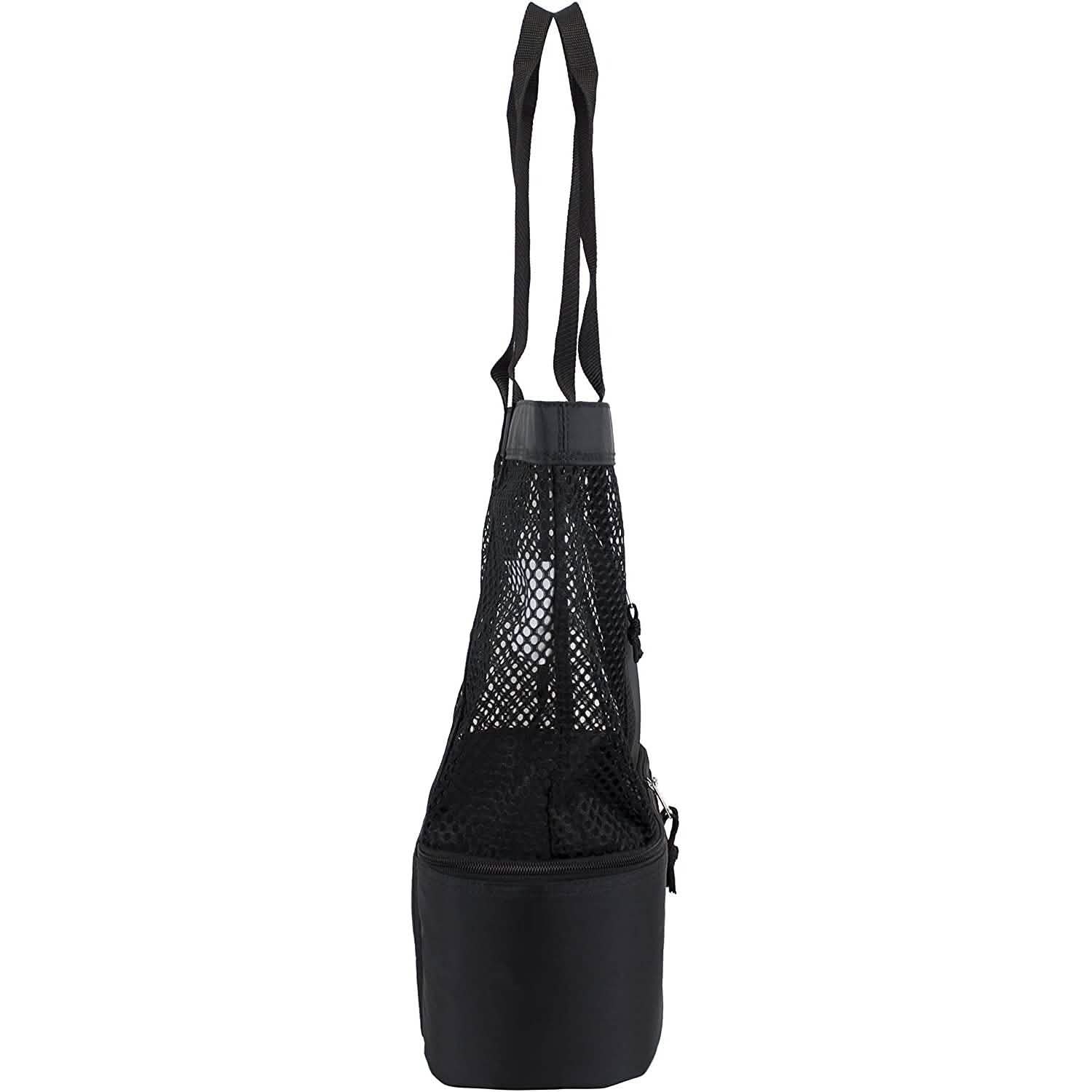 Black insulated beach cooler bag with carry handles, mesh body, and front zipper pocket.