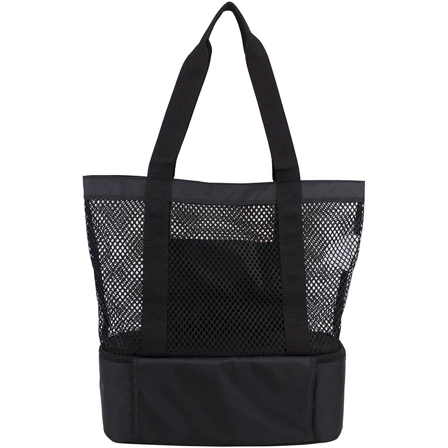 Black insulated beach cooler tote with mesh upper and padded base; wide web handles.