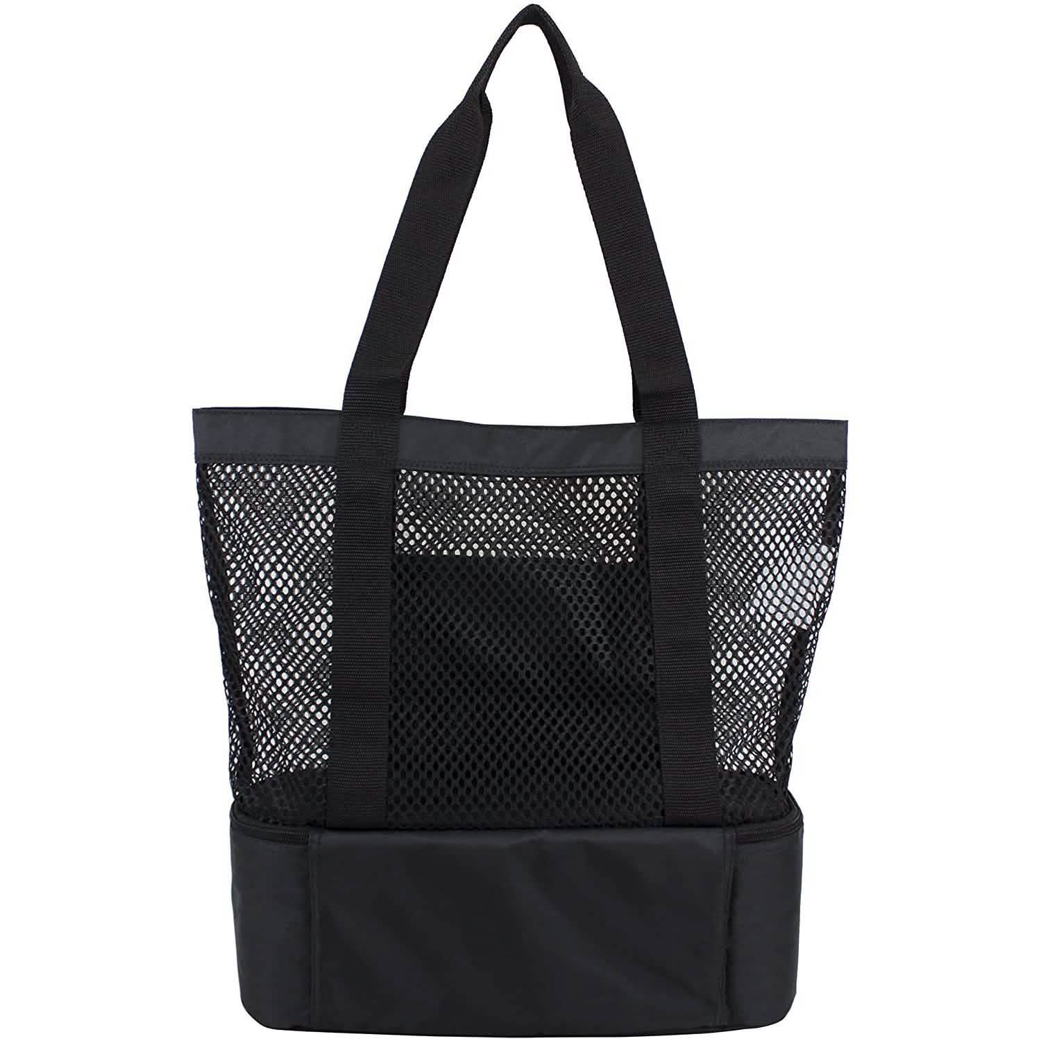 Black insulated beach cooler tote with mesh upper and padded base; wide web handles.