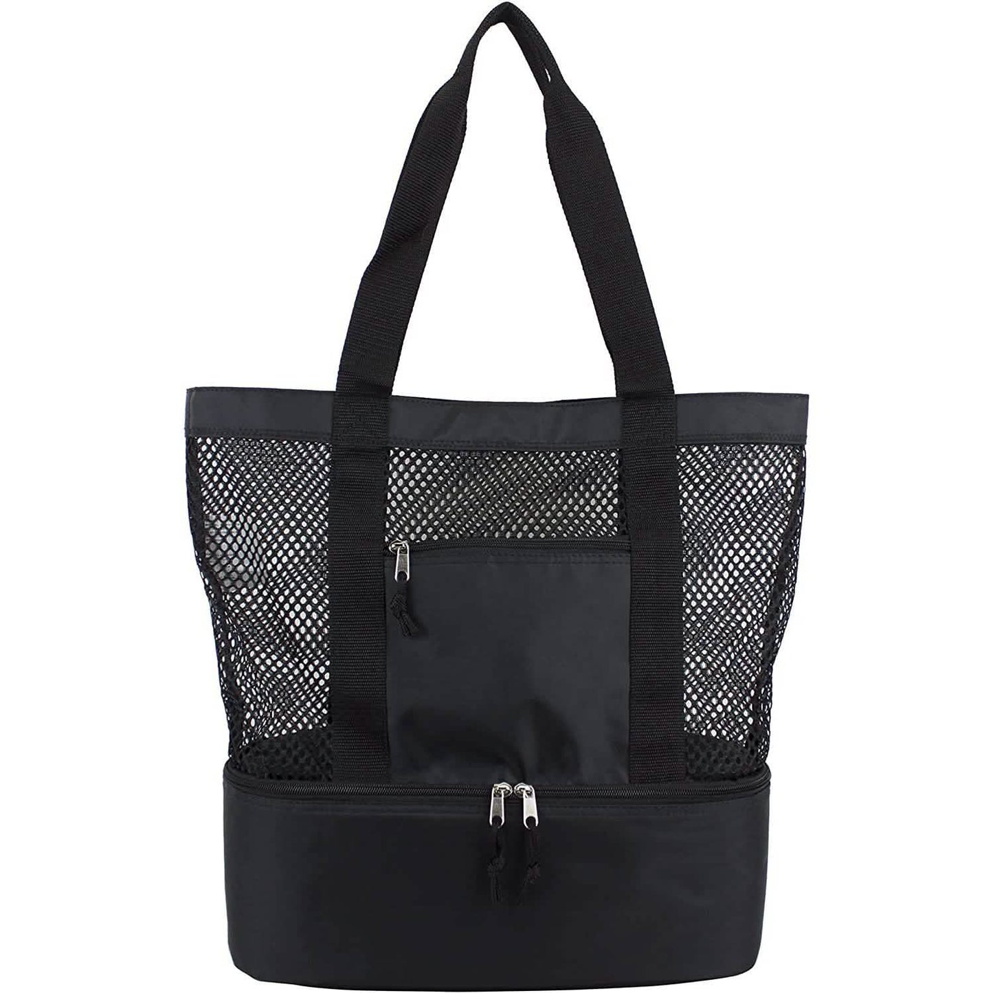 Black insulated beach cooler tote with mesh sides, front zip pocket, and top zipper.