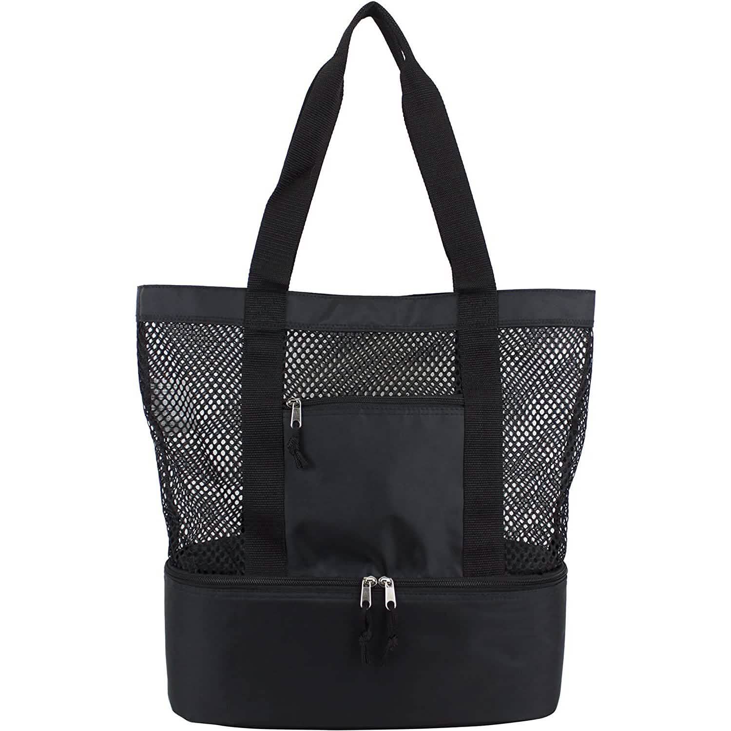 Black insulated beach cooler tote with mesh sides, front zip pocket, and top zipper.