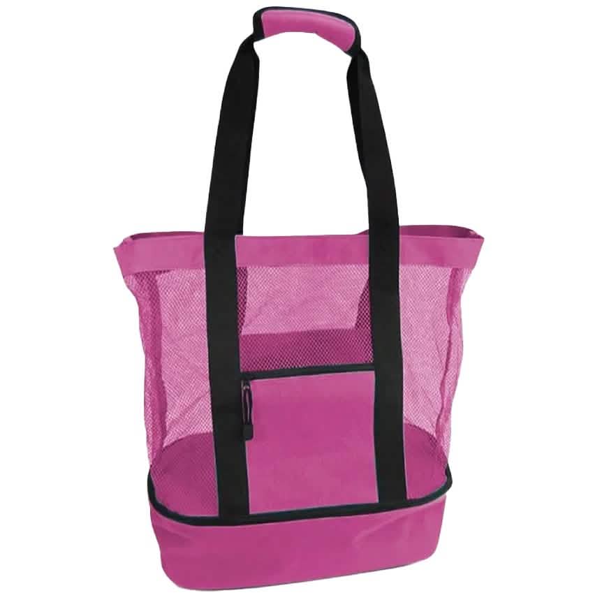 Pink insulated cooler beach bag with black handles and mesh side panels