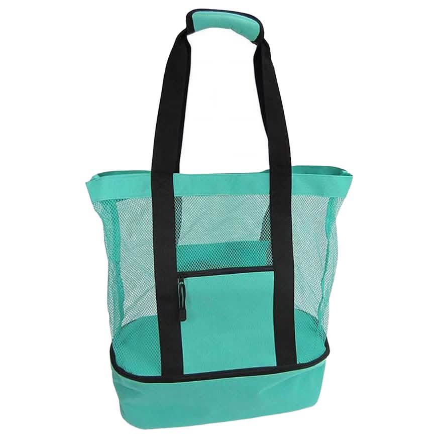 Teal insulated cooler beach bag with black handles and mesh side panels