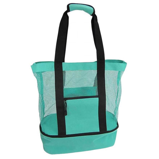 Teal insulated cooler beach bag with black handles and mesh side panels