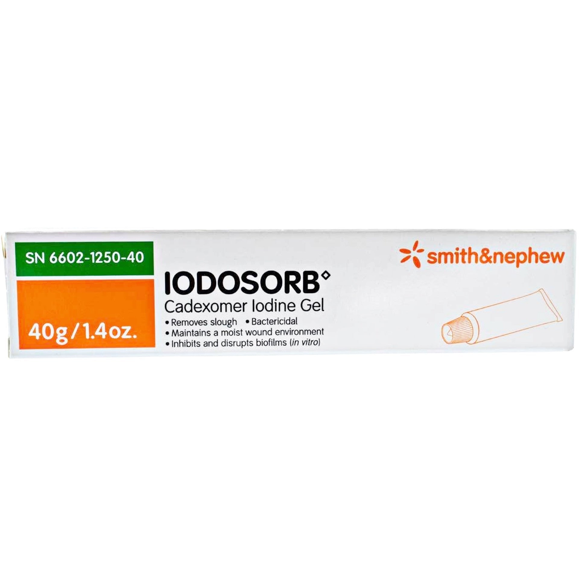Iodosorb cadexomer iodine gel 40 g/1.4 oz box, shows 40 g size label