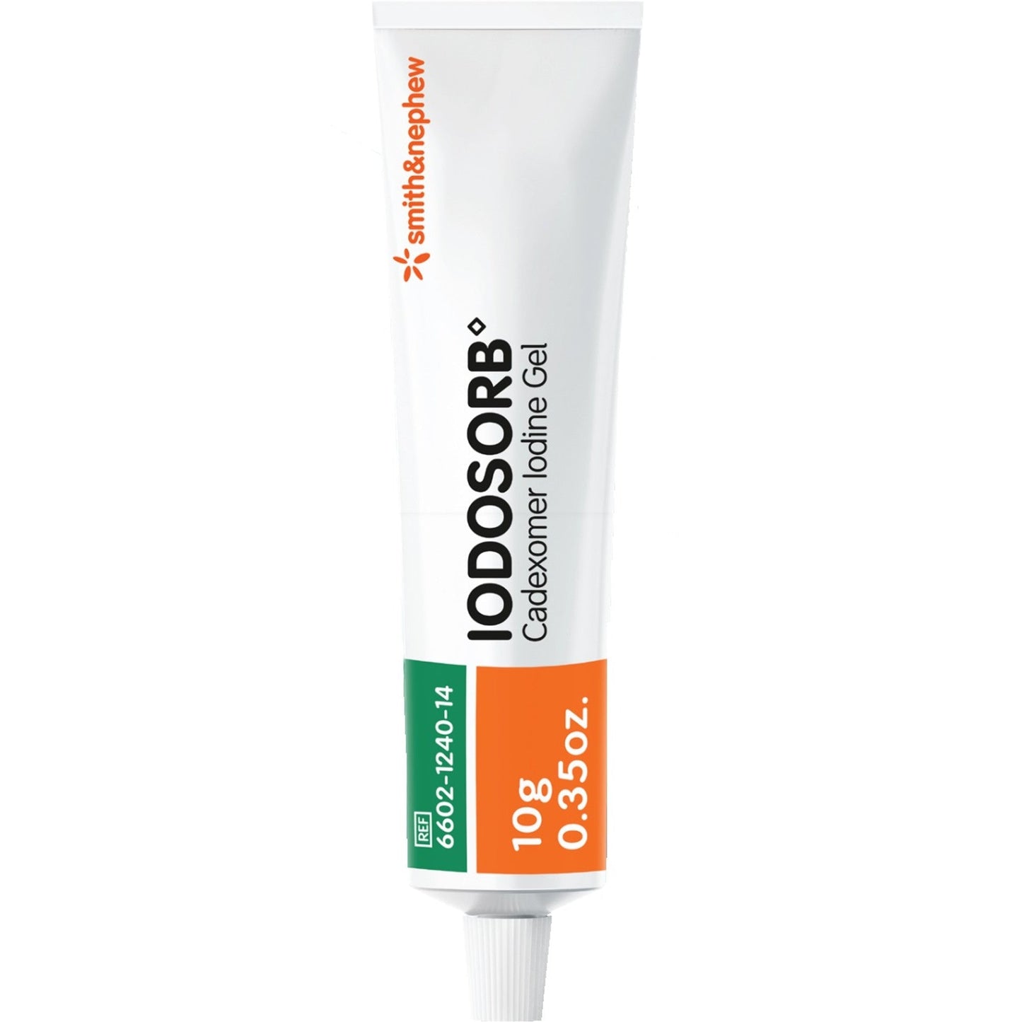 Iodosorb cadexomer iodine gel 10 g tube, white squeeze tube with orange dosage stripe