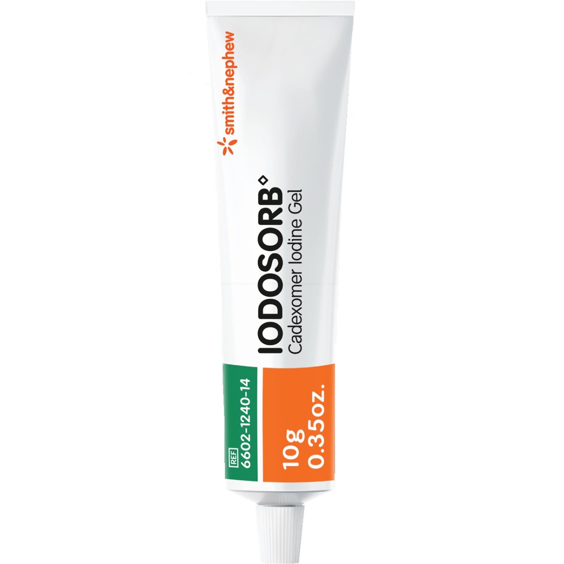 Iodosorb cadexomer iodine gel 10 g tube, white squeeze tube with orange dosage stripe
