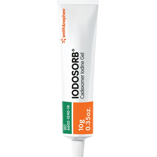 Iodosorb cadexomer iodine gel 10 g tube, white squeeze tube with orange dosage stripe