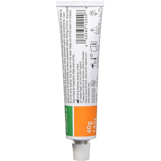 Iodosorb cadexomer iodine gel 10 g tube, back label with barcode on white squeeze tube